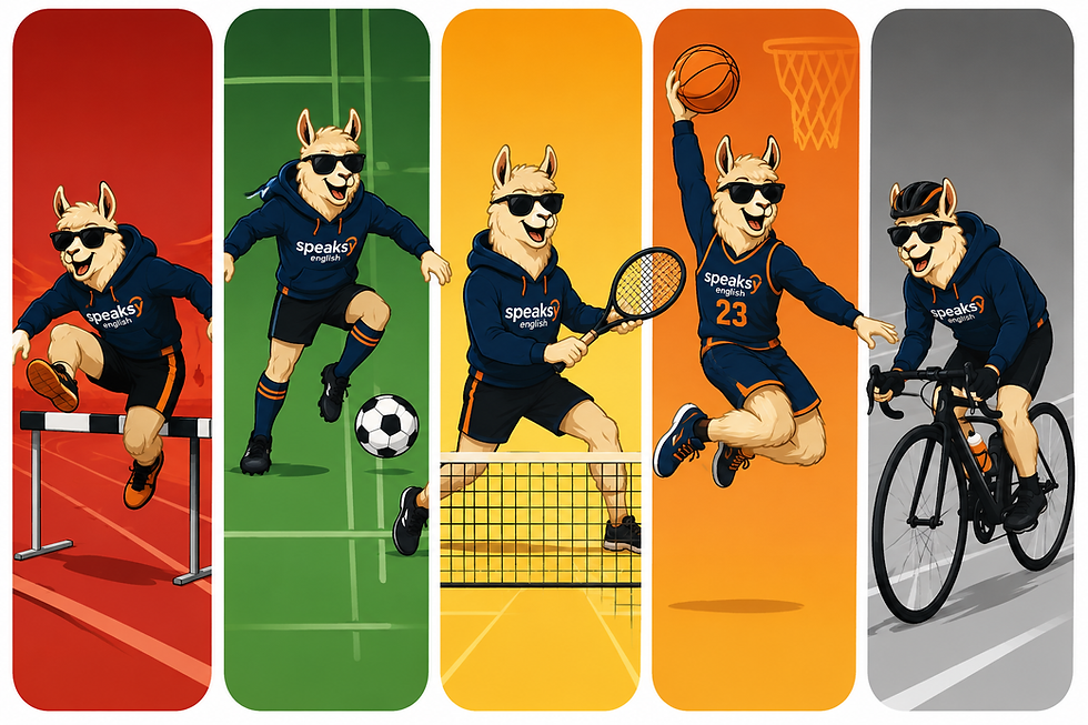 Deportes en inglés representados por la mascota Speaksy practicando fútbol, atletismo, tenis, baloncesto y ciclismo.