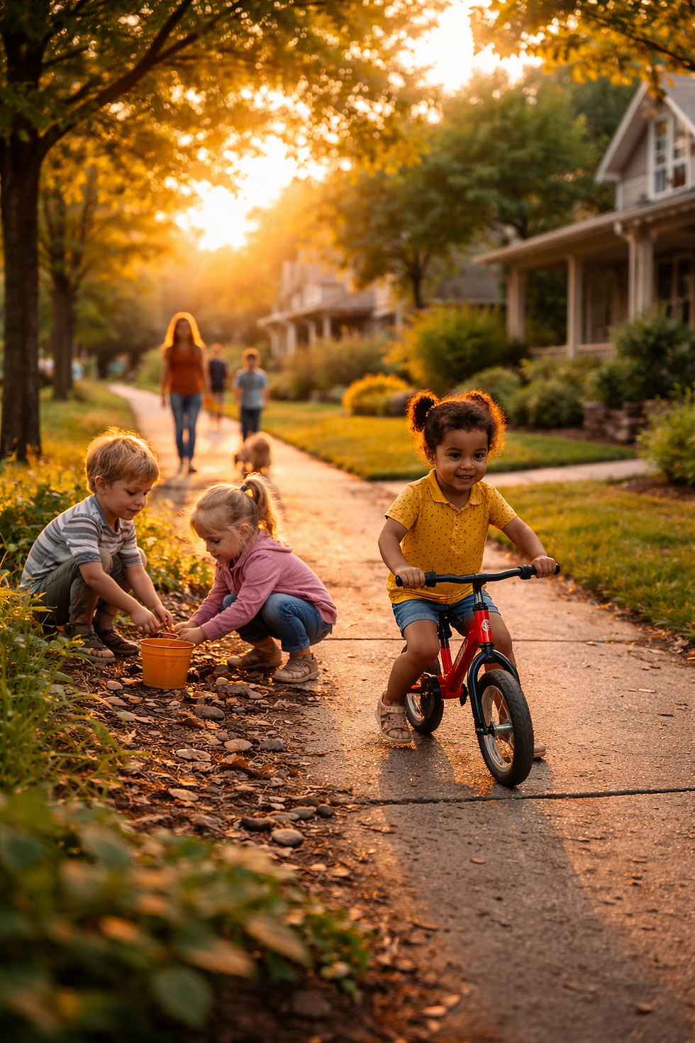 Young children playing outside in a neighborhood during sunset to support healthy sleep routines and adjust to daylight saving time.