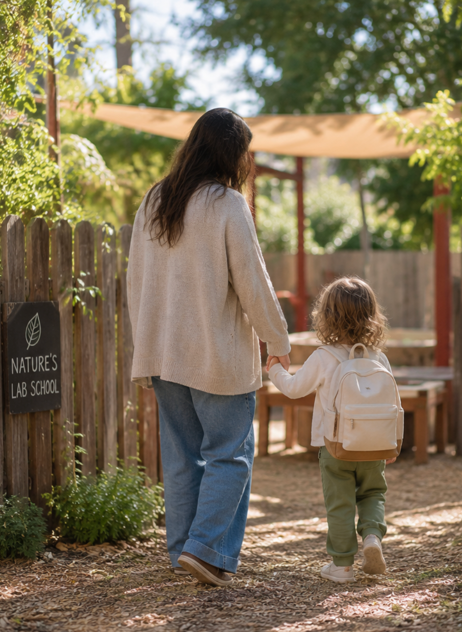 Parent walking a young child into an outdoor preschool classroom at Nature’s Lab School, followed by a calm goodbye routine and reassurance before separation.