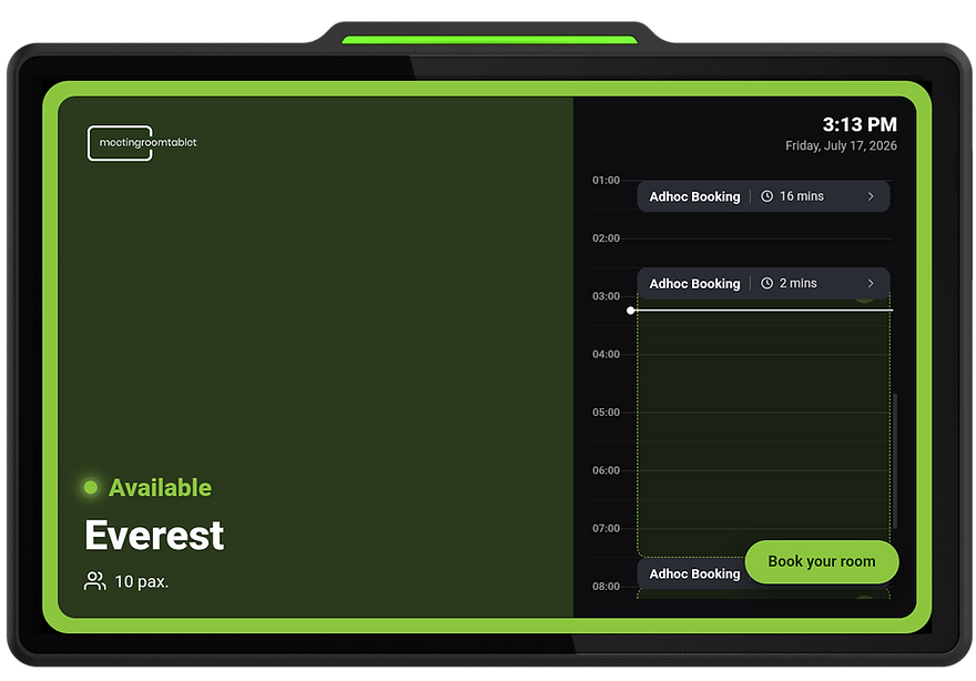 meeting room display panel showing green available status