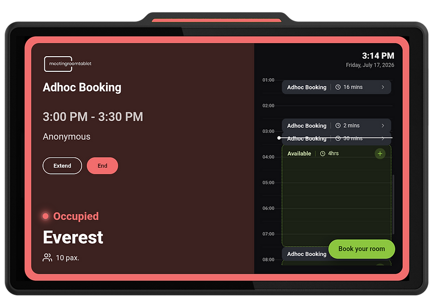 meeting room display panel showing red occupied status