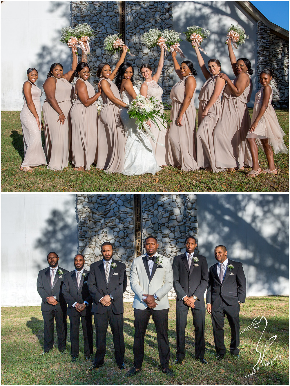 Bradenton Wedding Photographer, The bride with her bridesmaids and the groom with his groomsmen in front of United First Methodist Church of Seffner