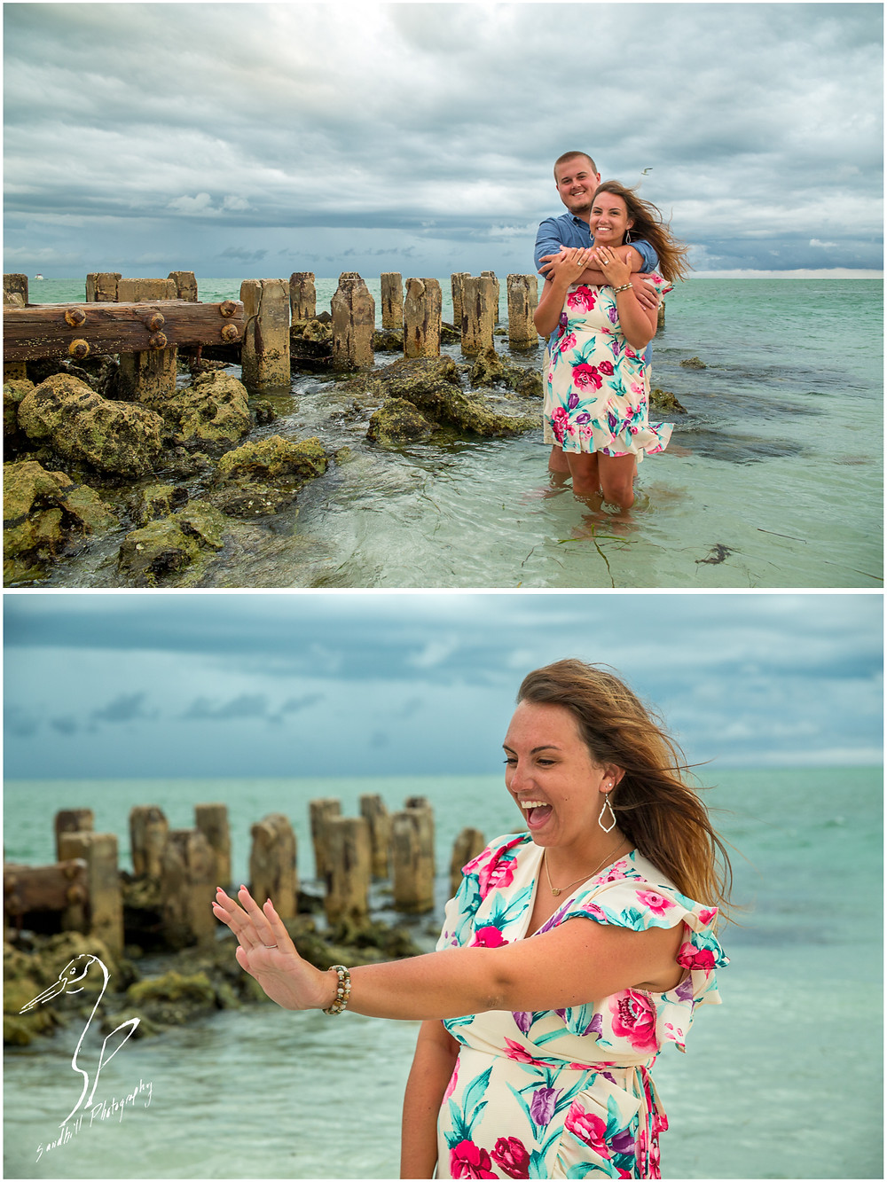 Bradenton Beach Engagement Photography, engaged couple standing in the water embracing in front of an old jetty