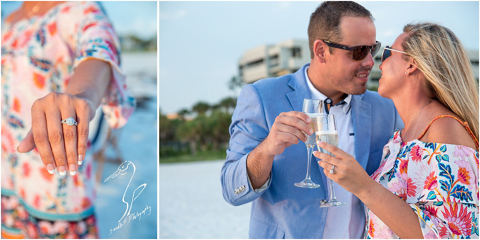 Longboat Key Surprise Proposal collage with engagement ring detail and bride and groom with champagne glasses