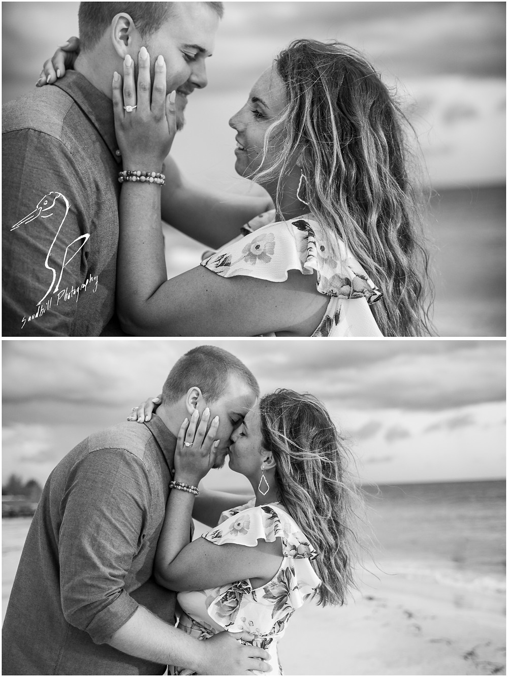 Bradenton Beach Engagement Photography, black and white images of an engaged couple embracing with her hand on his cheek