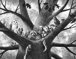A view from the base of the wishtree of a host of birds and animals sitting in the fork of it's trunk 
