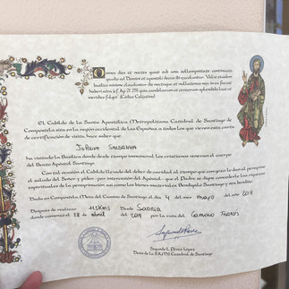 A certificate...Compostela...for walking 120 kms of the Camino Frances