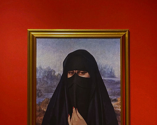 Editorial travel photograph of a museum artwork mimicking The Monalisa in Doha, part of an Old Doha Instagram campaign