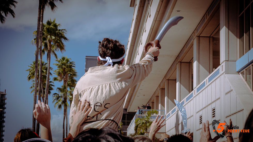 Person holding sword in a crowd, palm trees nearby.