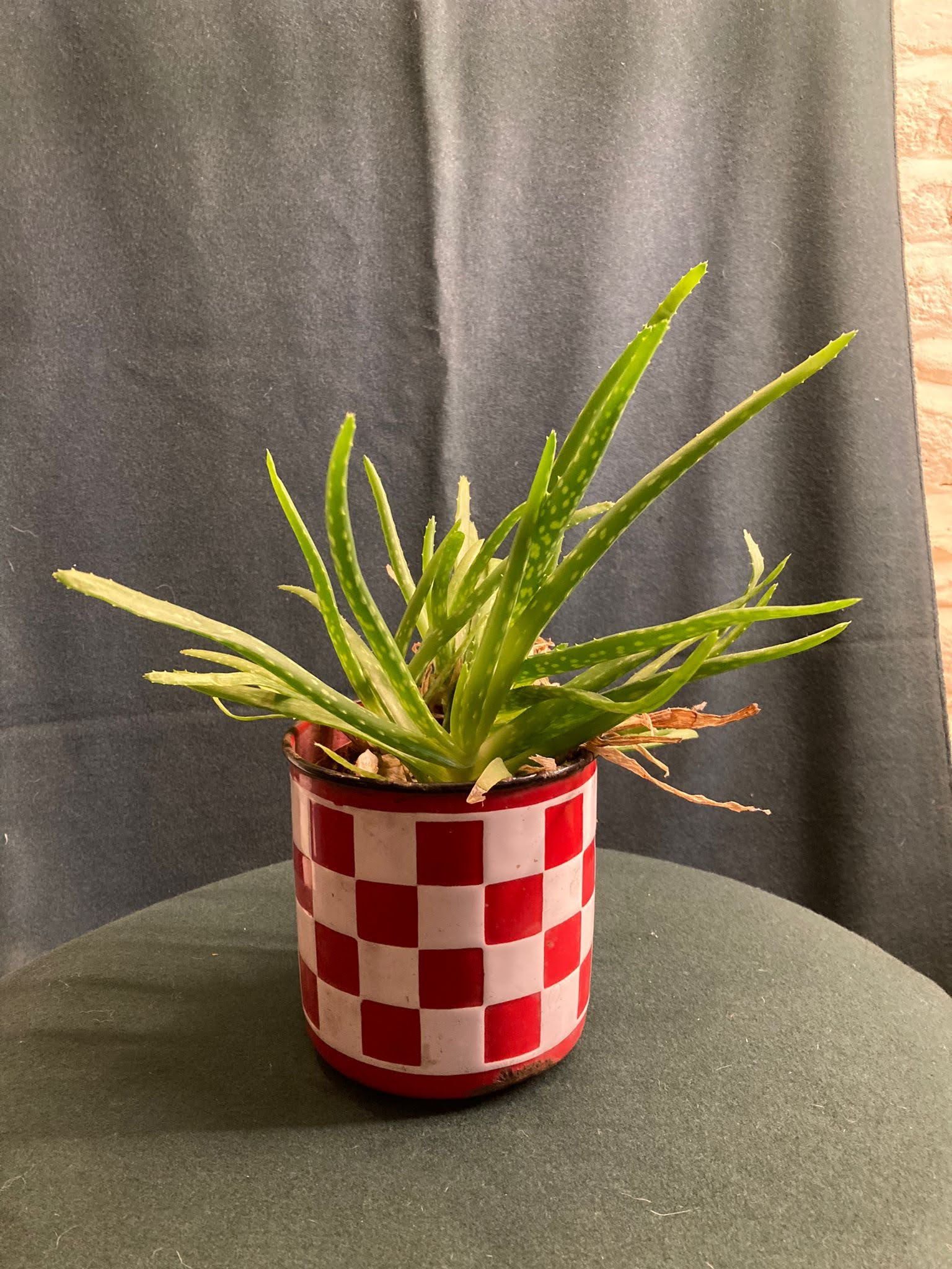 French Vintage Enamel Red & White Chequered Pot