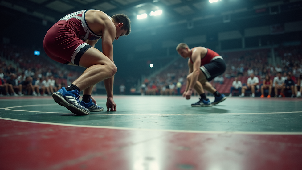 Eye-level view of a wrestling mat with athletes practicing techniques