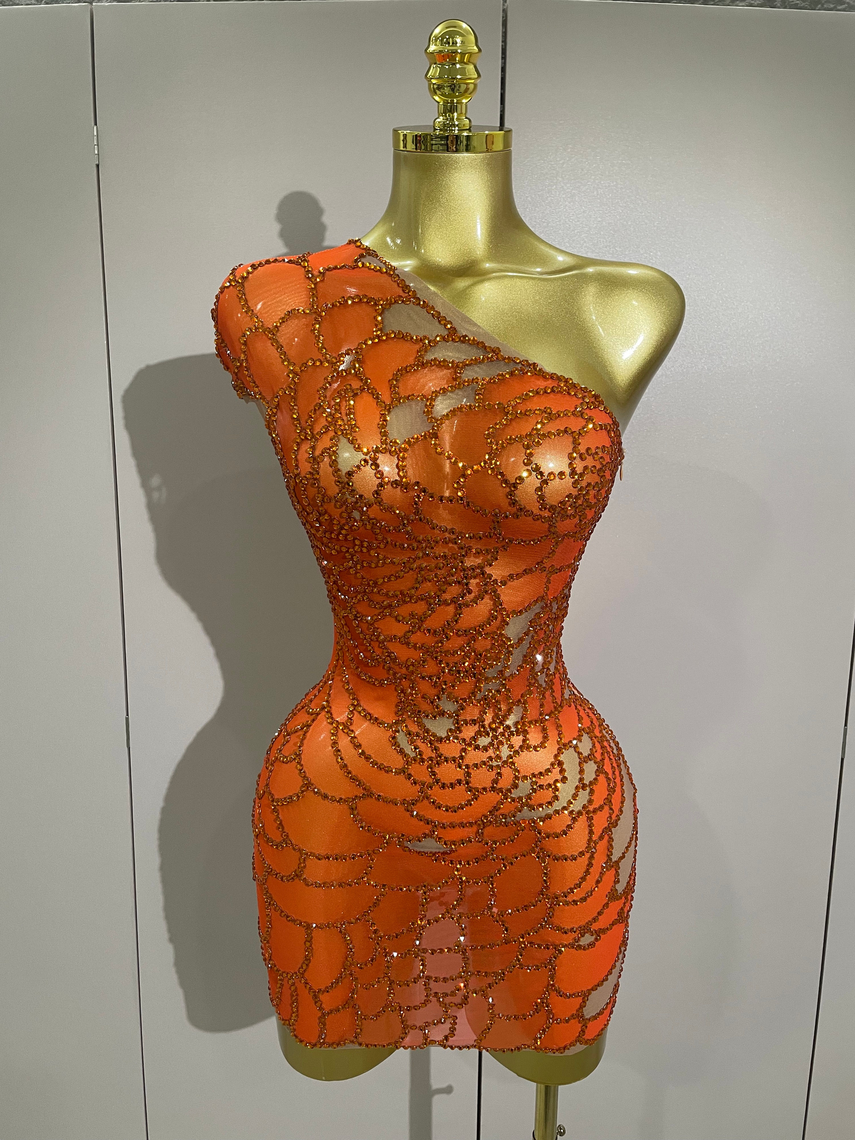 STOCK Women Shining Rhinestones Sexy One Shoulder Cultivation Dress Birthday Cel