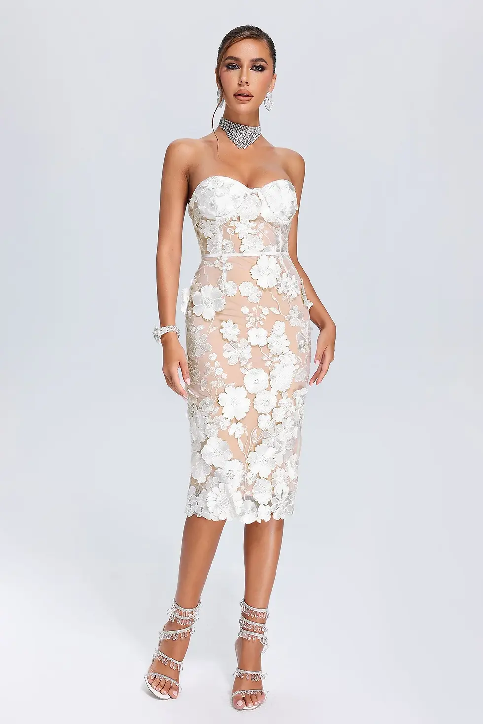 Thumbnail: "Shower me with flowers" White Corset Floral Embroidery Midi Dress