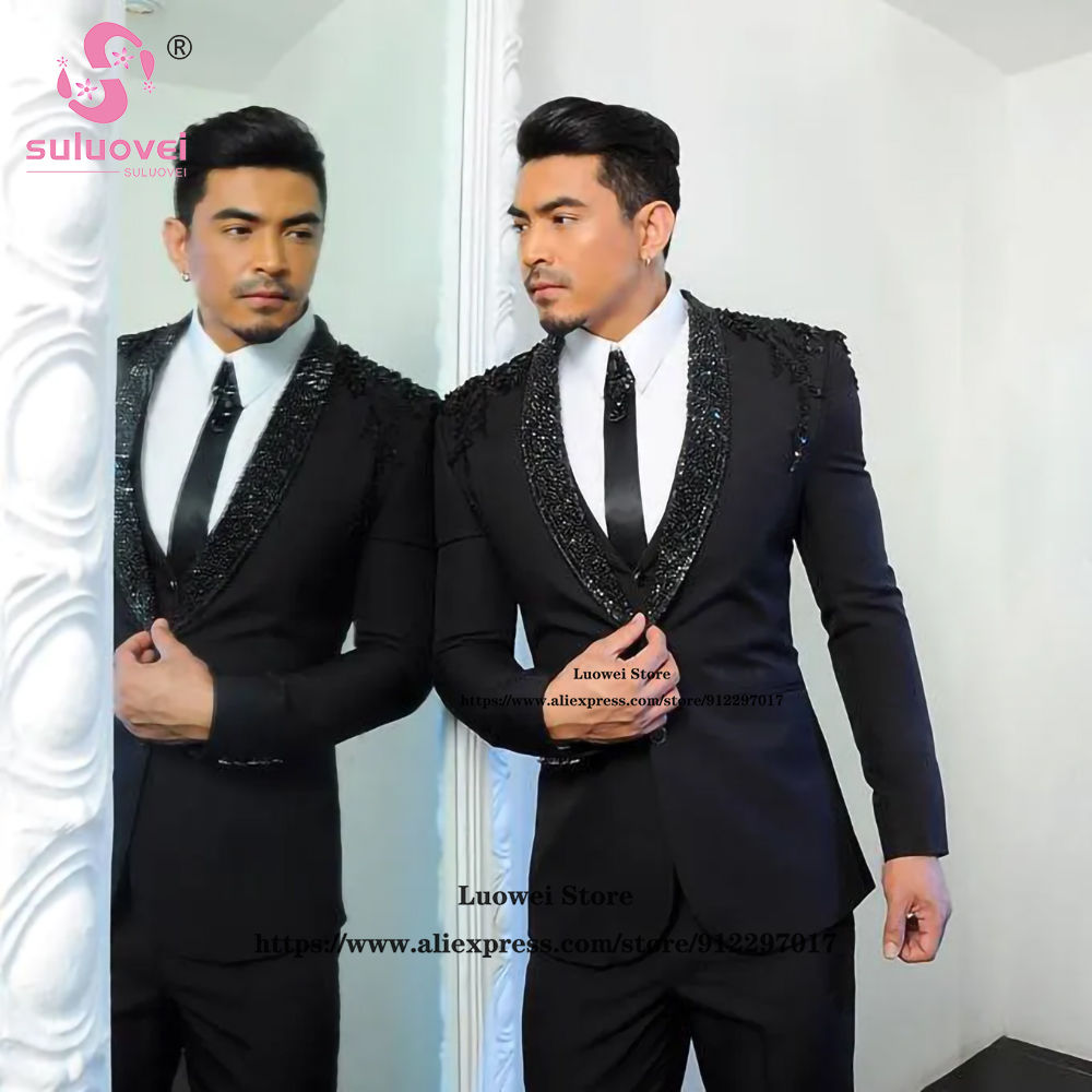 Luxury Shiny Beaded Applique Tuxedo Suits For Men Wedding 3 Piece Pants Set Cust