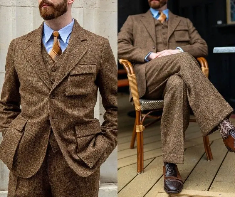 Tweed Wool Men's Suits for Fall Winter 3 Pieces Wedding Tuxedo Herringbone Suit