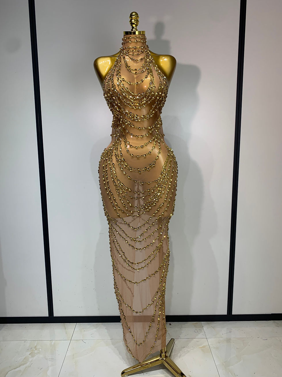 Sparkly Rhinestone Sexy Transparent Mesh Long Dress 2025 Women Luxury Birthday C