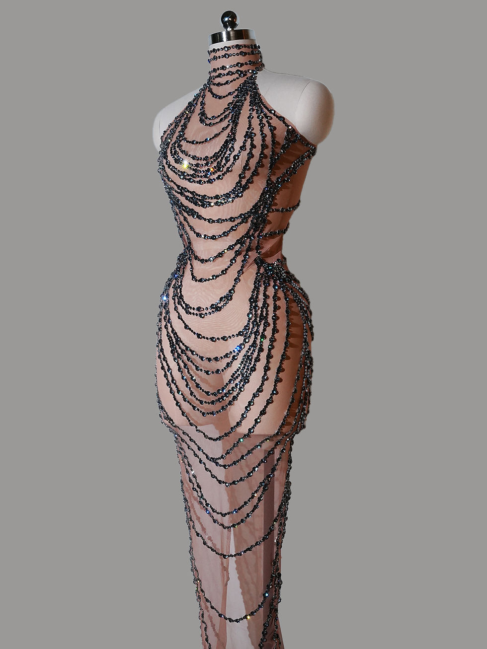 Sparkly Grey Rhinestones Mesh See Through Long party Dress Luxury Women Sexy E