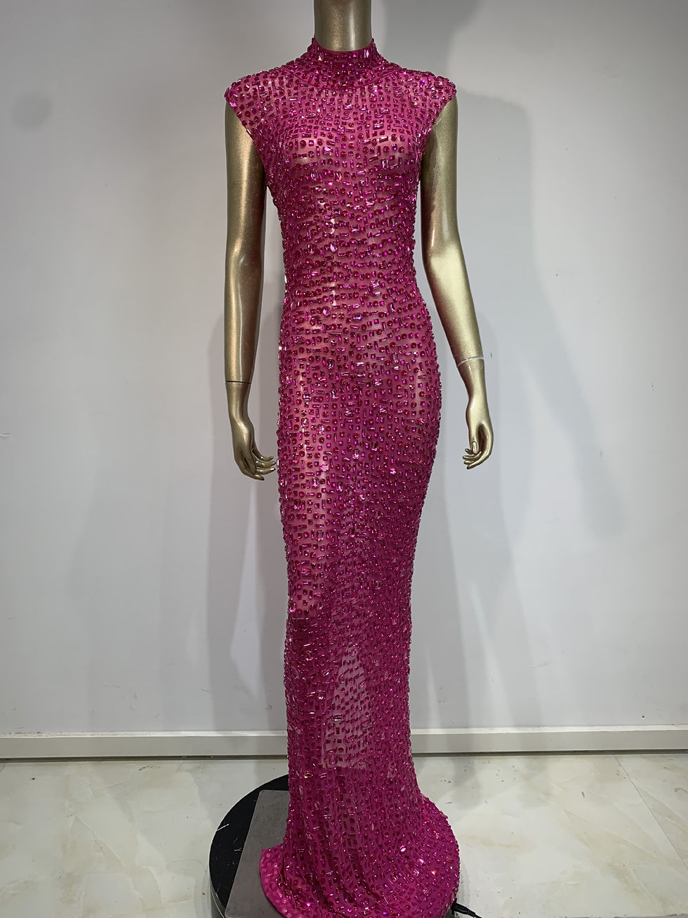 New Women Sexy Mesh Crystal Diamonds Transparent Long Maxi Dress Hot Pink Party