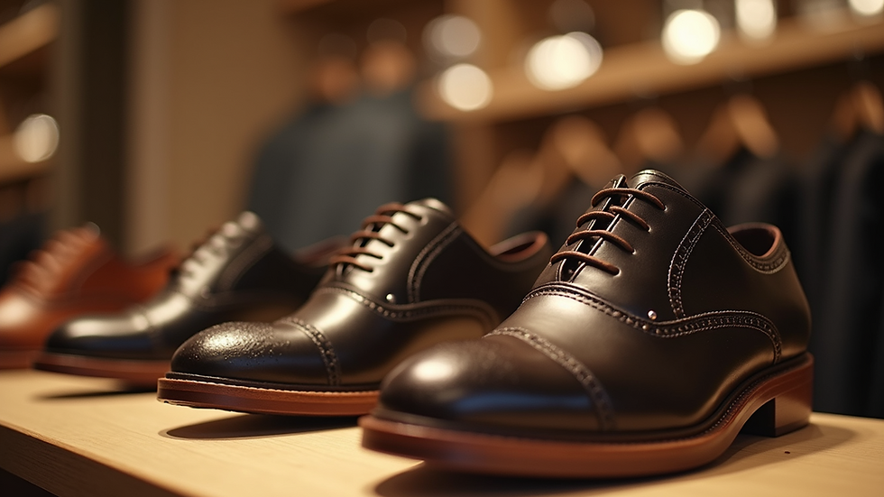High angle view of luxury shoes displayed on a boutique shelf