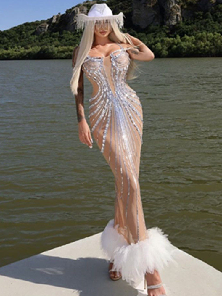 Ready Dress Women Sexy See Through Evening Party Gowns Sleeveless Mesh Crystal S