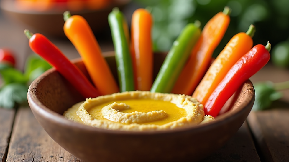 Close-up of colorful vegetable sticks in a bowl of hummus