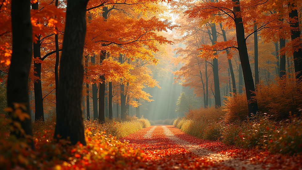 Wide angle view of a vibrant autumn forest