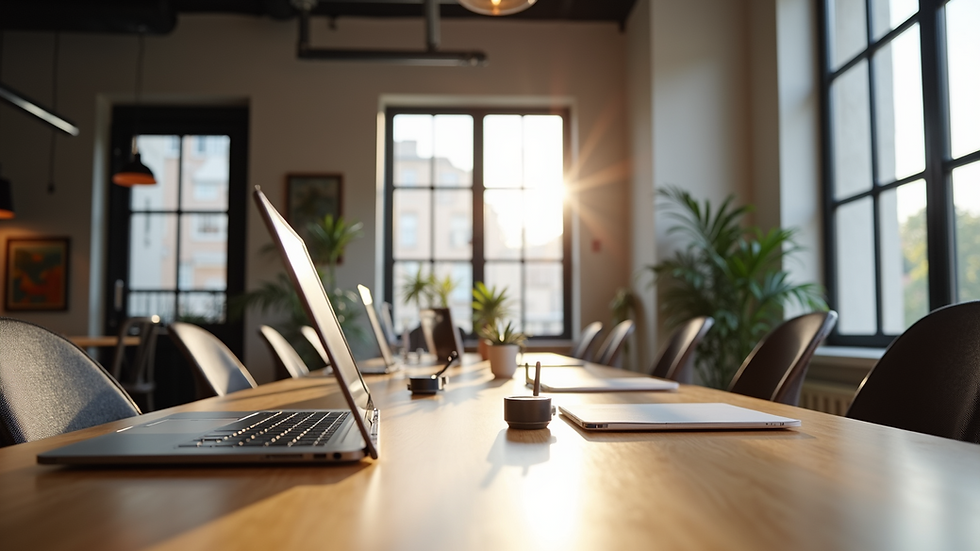 Close-up view of a collaborative workspace in a creative office loft