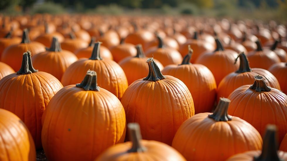 Close-up view of a pumpkin patch with vibrant orange pumpkins