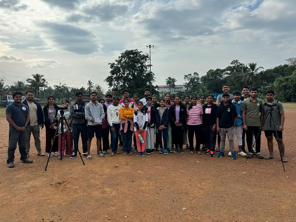 Students and facilitators gather for a group photo during a birdwalk at Thane, Sattari, organized by Government College, Sankhali. The event, part of an NSS camp activity, offered participants a chance to explore and appreciate the region's rich birdlife amidst serene landscapes.