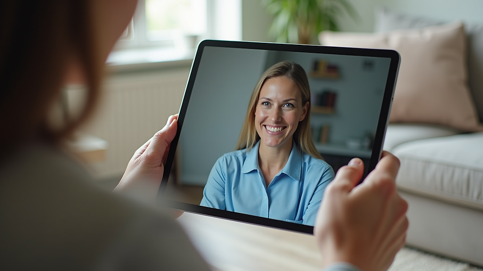 Close-up view of a tablet showing a video call with a therapist
