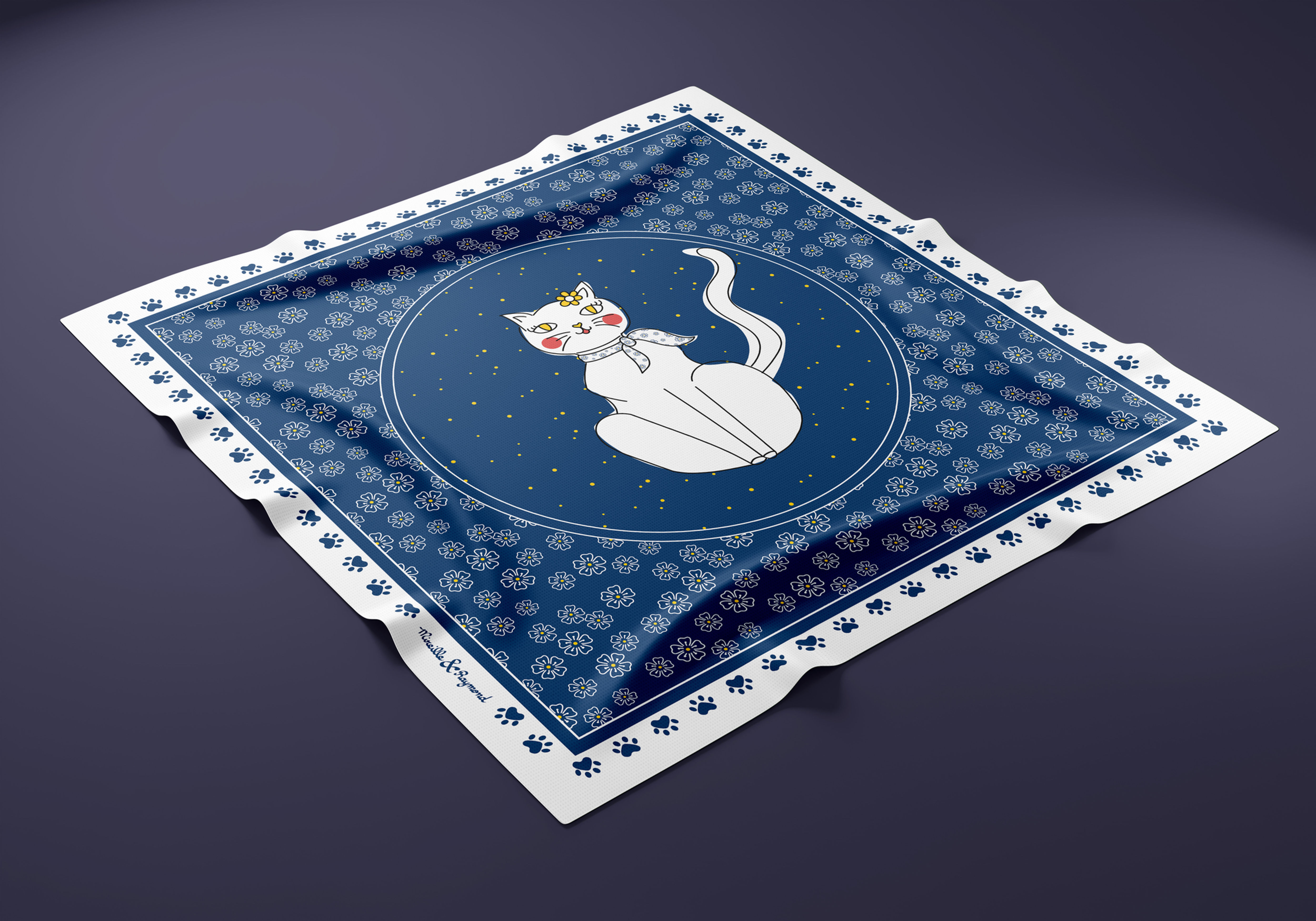 Foulard chat fleuri - carré 65 x 65 cm