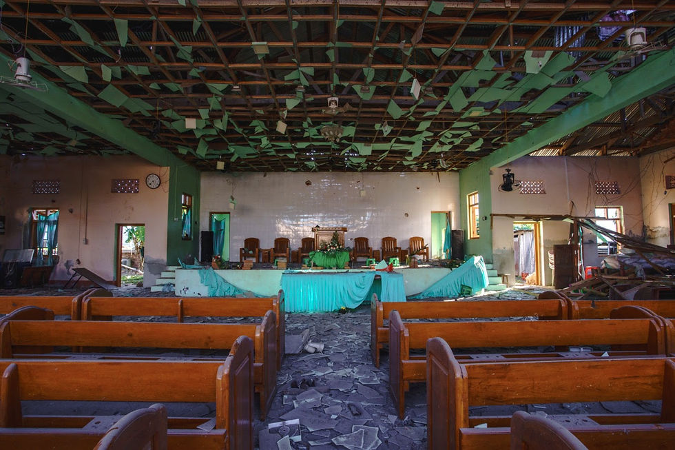 The interior of a Kachin Baptist church in Konlaw village, Momauk Township after an airstrike carried out by the Myanmar military junta. ©Hkun Li, 2024