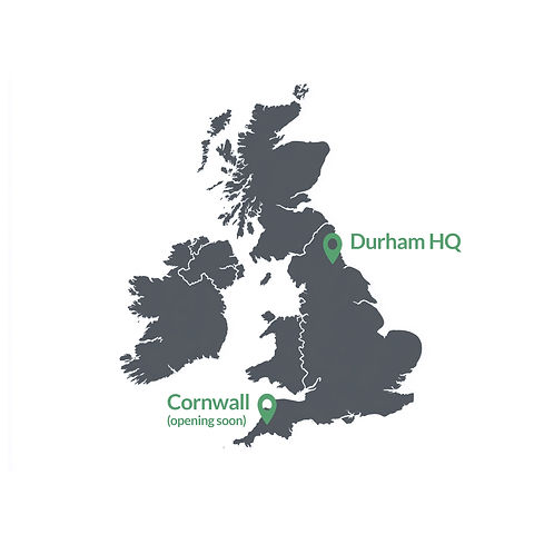 Map of the UK with location markers on Durham as BW Tanks headquarters and Cornwall with a new depo opening soon.