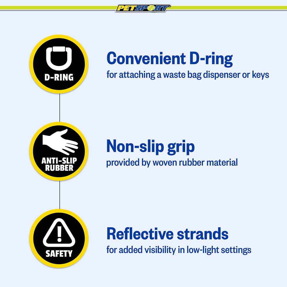 Thumbnail: D-ring, Anti-slip rubber grip, Reflective strands for safety, visibility.