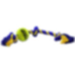 Yellow ball dog toy, MEGA TUFF BALLS, blue knotted rope design.