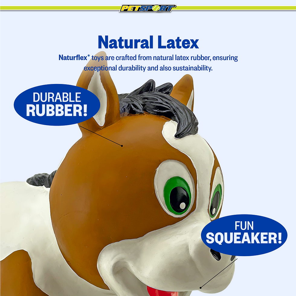 Thumbnail: Close-up of horse toy. Natural Latex, DURABLE RUBBER! FUN SQUEAKER!