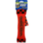 Red and black checkered dog toy package, "FIREHOSE BUMPER" chew toy.
