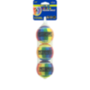 Three Chomp Rainbow Squeak Balls 1.8" 3 PACK in clear packaging.