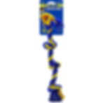 Blue and yellow twisted rope dog toy with OUTWARD HOUND FETCH 20