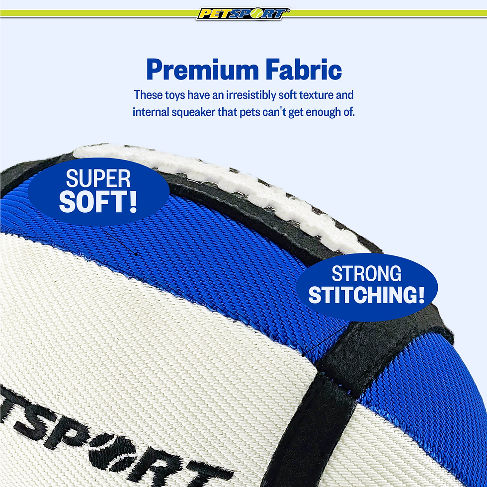 Thumbnail: Close-up of blue and white pet toy, "Premium Fabric," "SUPER SOFT!", "STRONG STITCHING!"