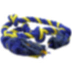 Blue and yellow twisted rope dog toy with knots and frayed ends.
