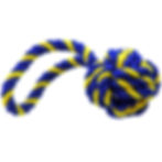 Blue and yellow braided rope dog toy with knotted ball.