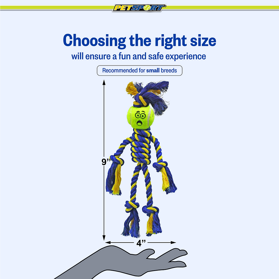 Thumbnail: Blue and yellow braided dog toy, Choosing the right size, Recommended for small breeds.