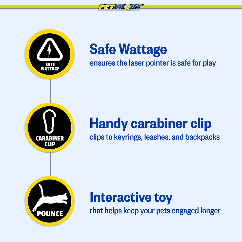 Thumbnail: Pounce toy features: Safe Wattage, Handy carabiner clip, Interactive toy.