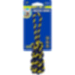 Blue and yellow rope dog toy, PET CARE TWISTED CHEWS, DURABLE, CLEANS TEETH.