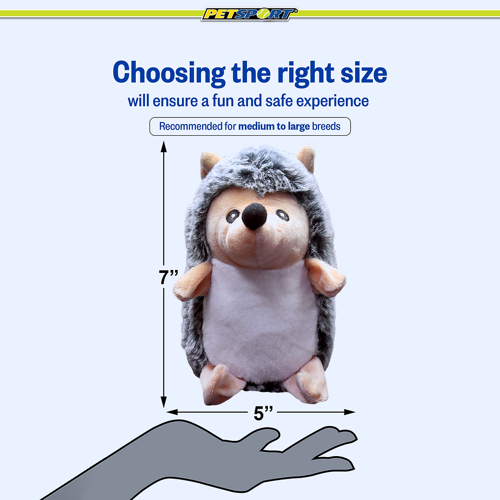Thumbnail: Plush hedgehog toy, 7" tall, 5" wide, recommended for medium-large breeds.