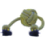 Yellow and blue knotted rope pet toy with two fringed ends.