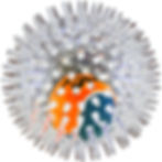 Clear spiky ball with orange and blue soft plush interior.