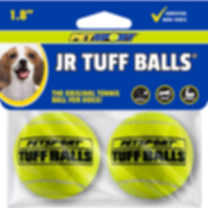 Happy dog with 1.8" certified non-toxic JR TUFF BALLS for dogs.