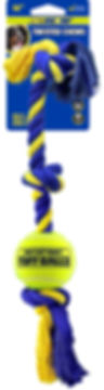 Blue and yellow twisted rope dog toy with a tennis ball.